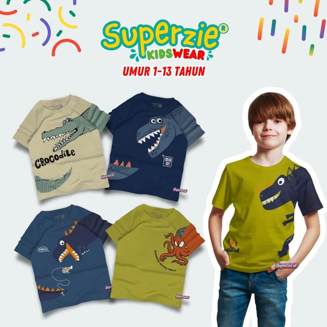 Superzie Baju kaos anak Dinosaurus Laki laki 1-13 Tahun Lengan pendek Motif Dino Tyrex Perempuan