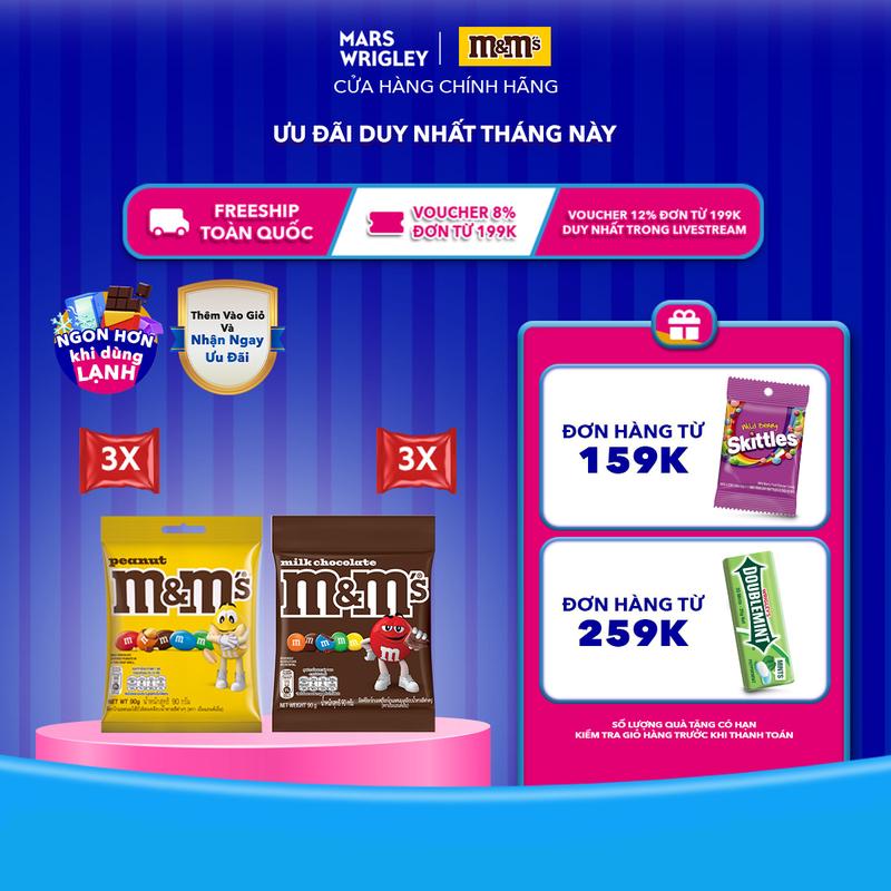 Combo 6 gói kẹo sô cô la sữa & sô cô la đậu phộng M&M's 90g 90gx3 + 90gx3 socola