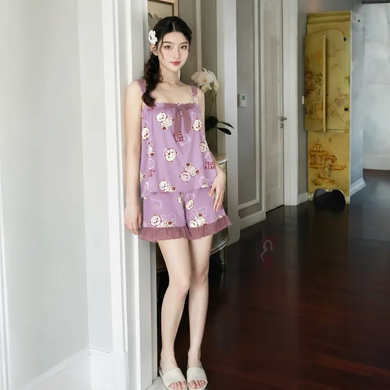 SH | One Set Arzoyi Setelan Wanita Bahan Viskin Sleeveless Hotpants Motif Beruang variasi 10