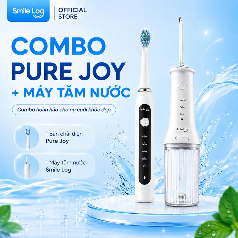 Combo Chăm sóc Răng Miệng Cá Nhân 01 Bàn chải điện Smile Log PureJoy + 01 Tăm nước Smile Log, 05 Chế độ chải răng, 03 Chế độ điều chỉnh tăm nước, chăm sóc Nướu, Chống Nước IPX7, Pin sử dụng lên tới 60 ngày