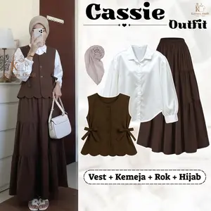 Setelan Wanita Remaja Kekinian (Vest Cherish Katun, Kemeja Crop Puff Katun, Rok Susun Ruffle Hyget, Hijab Bella Square) Outfit Vintage Yearbook Viral | OOTD Hangout Nongkrong Daily | One set Semi Formal Campus Kece |  Bukber Lebaran Viral 2026 | KY6K