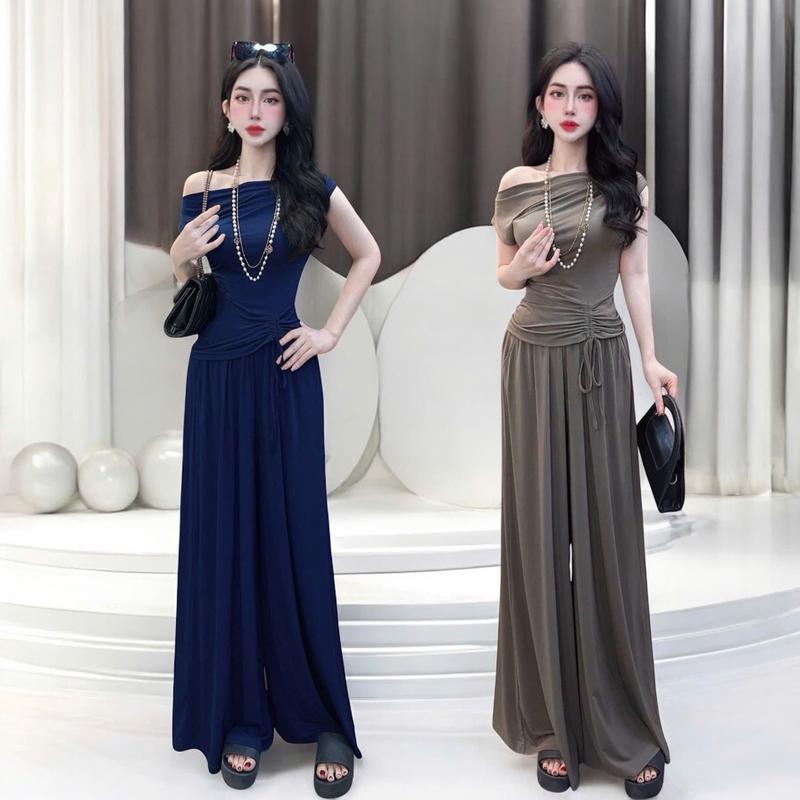 ( Quần dài 103cm ) Set quần áo CRAZYTEEN S6155 gồm áo kiểu lệch vai và quần suông ỐNG RỘNG để đi chơi ( Áo lệch vai/ Quần ỐNG RỘNG ) Sét