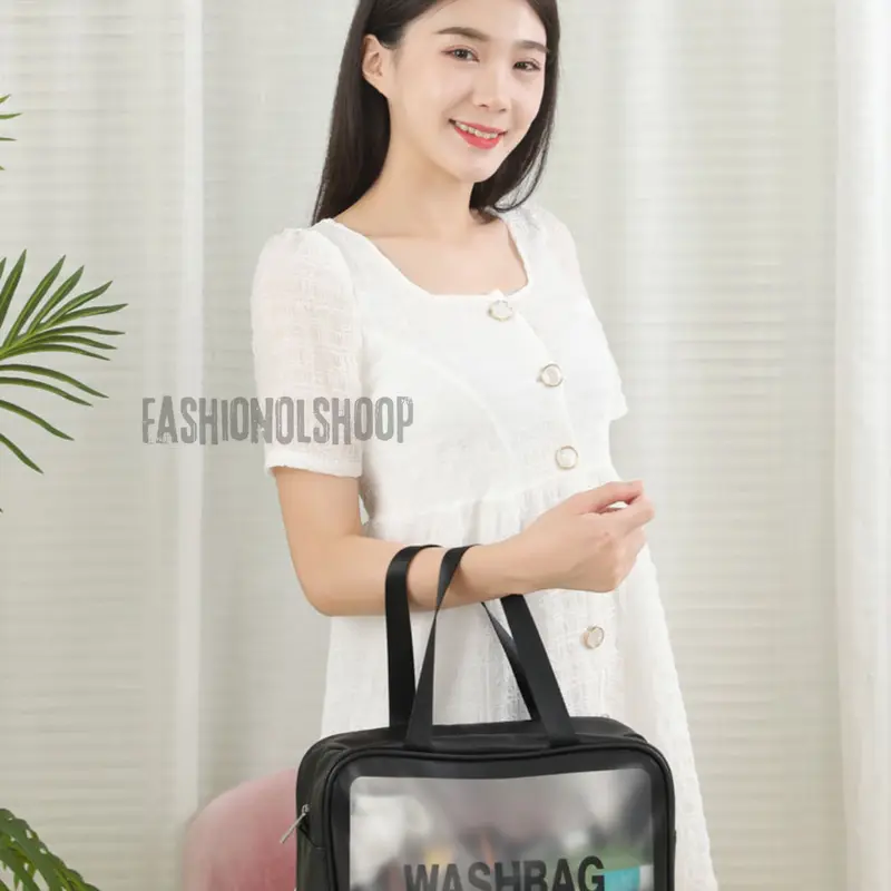 Tas Kosmetik Washbag Travel Pouch Make Up Organizer Transparan Waterproof Kecil Portable Wash Bag Murah Bagus Hitam Pink 1