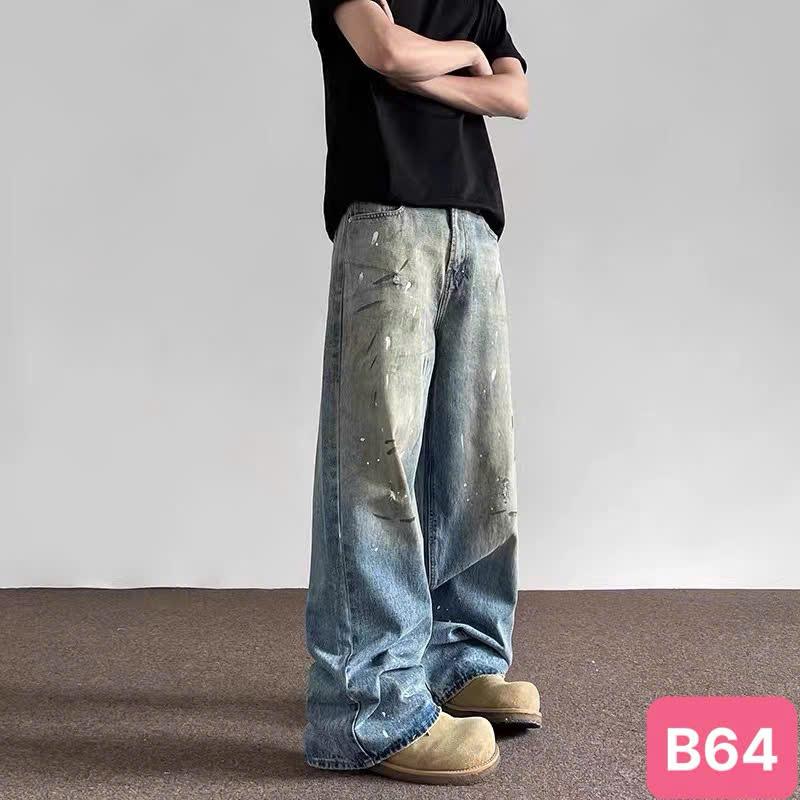Quần baggy jean nam ống rộng màu xanh dương wash nhạt chấm sơn chất bò dãn nhẹ B064 dáng chuẩn Menswear Pants Có Túi  - TCS Trùm Chuyên Sỉ