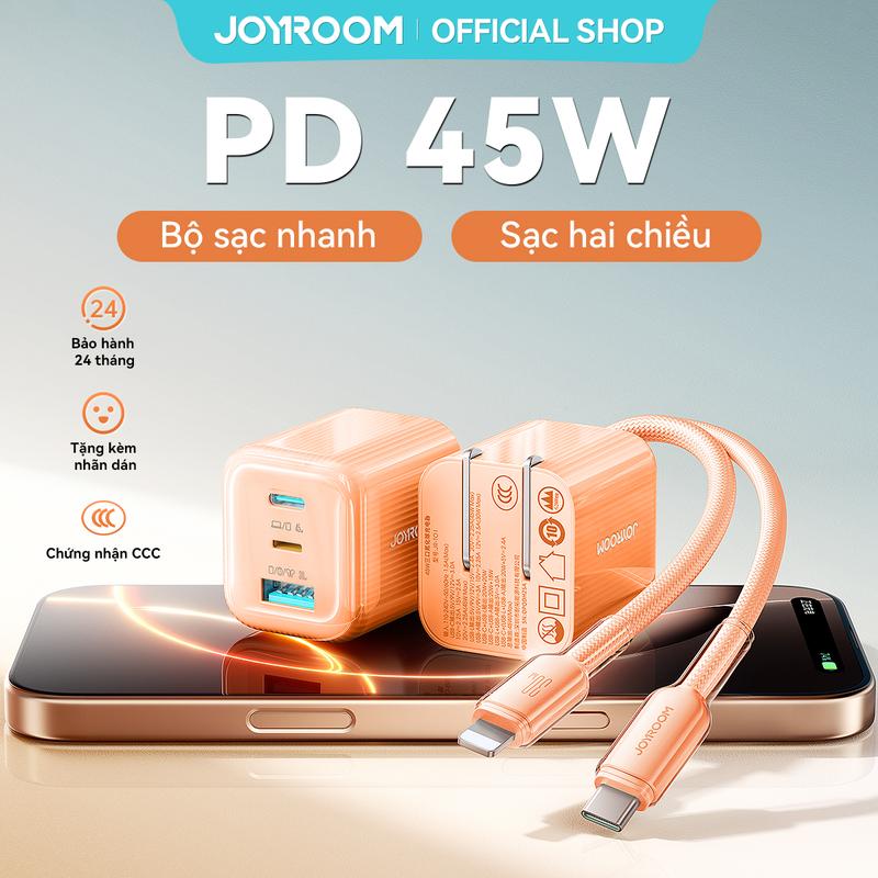   MỚI  Bộ sạc nhanh JOYROOM 45W GaN trang bị 1 cổng USB-C 1 cổng USB-L và 1 cổng USB-A.Sạc nhanh ở nhiệt độ thấp hỗ trợ công suất sạc nhanh tối đa cho iPhone 17 tương thích với iPhone 8–16 iPad và Android.Mẫu: TO1. 