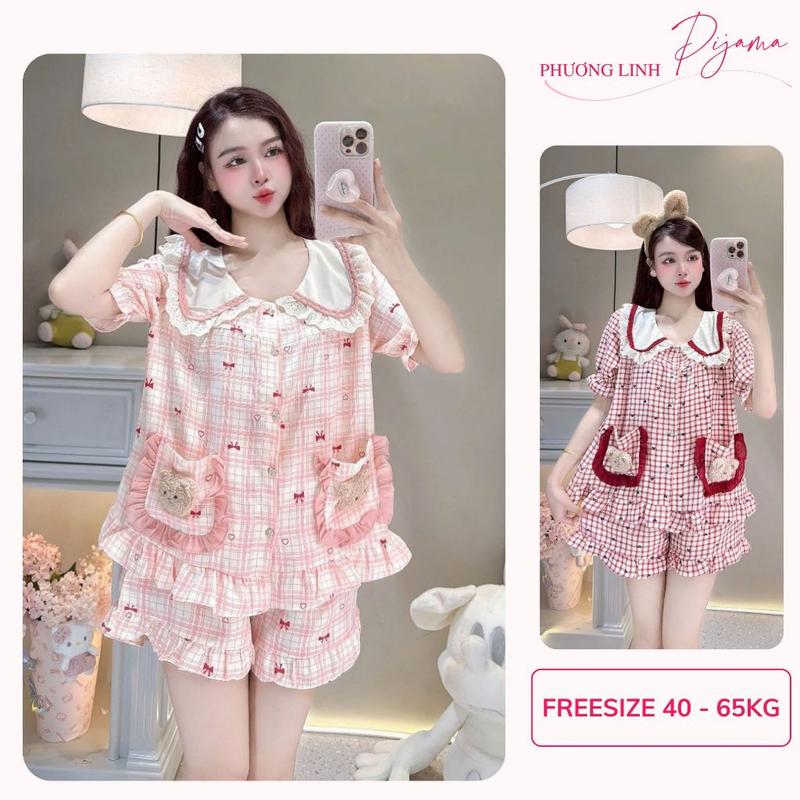 TOP Bộ pijama nữ cộc tay quần đùi cổ sen phối ren, đồ ngủ mặc nhà họa tiết xinh xắn có túi gấu dễ thương PL16