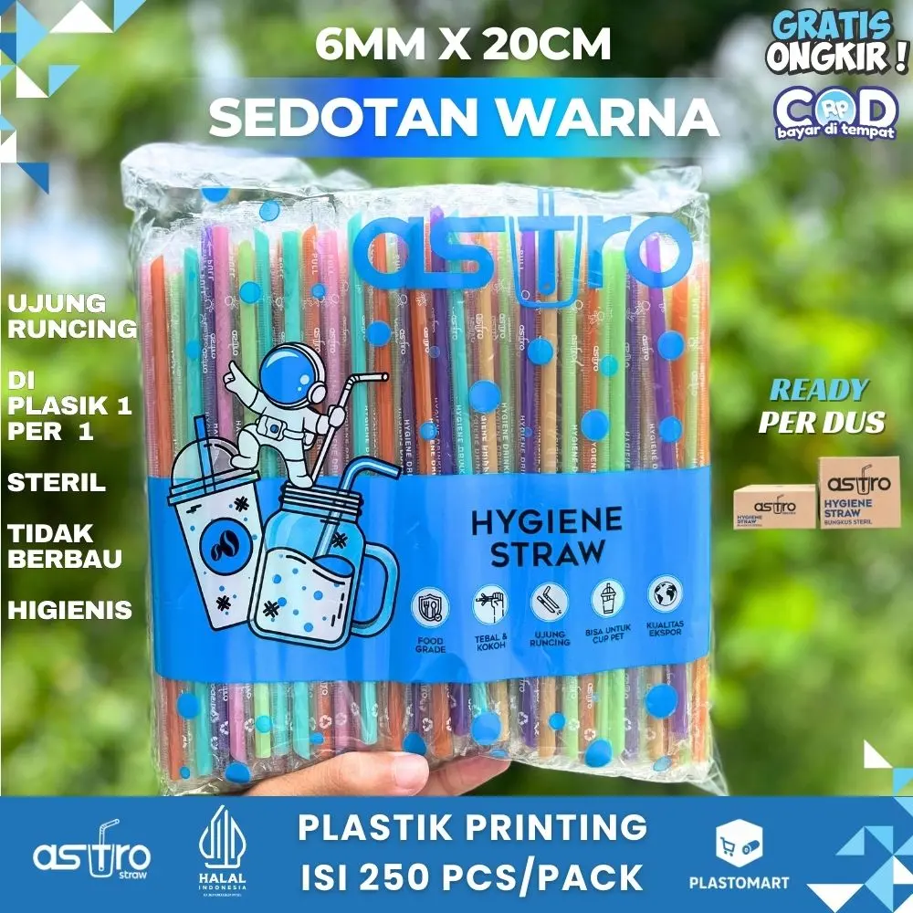 Sedotan Steril Warna Warni 6 mm x 20 cm Isi 250 Pcs Plastik Printing AstroStraw
