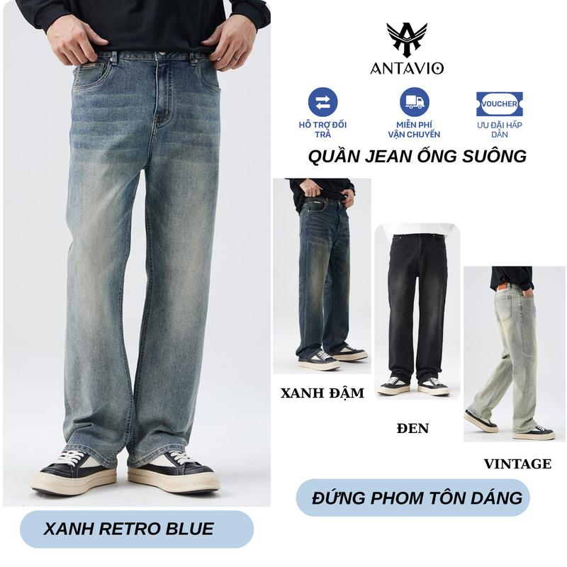  ANTAVIO Quần Jean Nam Ống Suông Cạp ANTAVIO Thiết Kế Trẻ Trung Đứng Form 4 Màu Size M-3XL 45-90KG JS655 Chất Liệu 100% Cotton Denim Đứng Phom Tôn Dáng Xanh Retro Blue Xanh Đậm Đen Vintage 