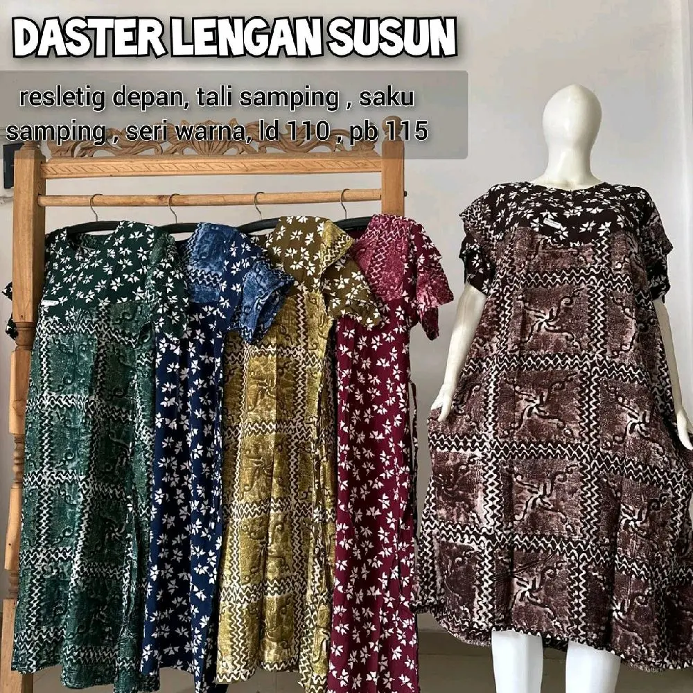 Daster lengan susun, resleting depan, tali samping