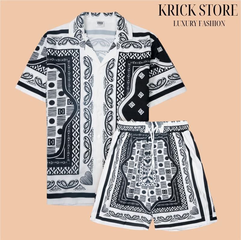 Sét bộ quần áo hè nam sơ mi lụa cổ vest tay ngắn & quần short lưng thun co giãn họa tiết tribal phối đen trắng KRICK