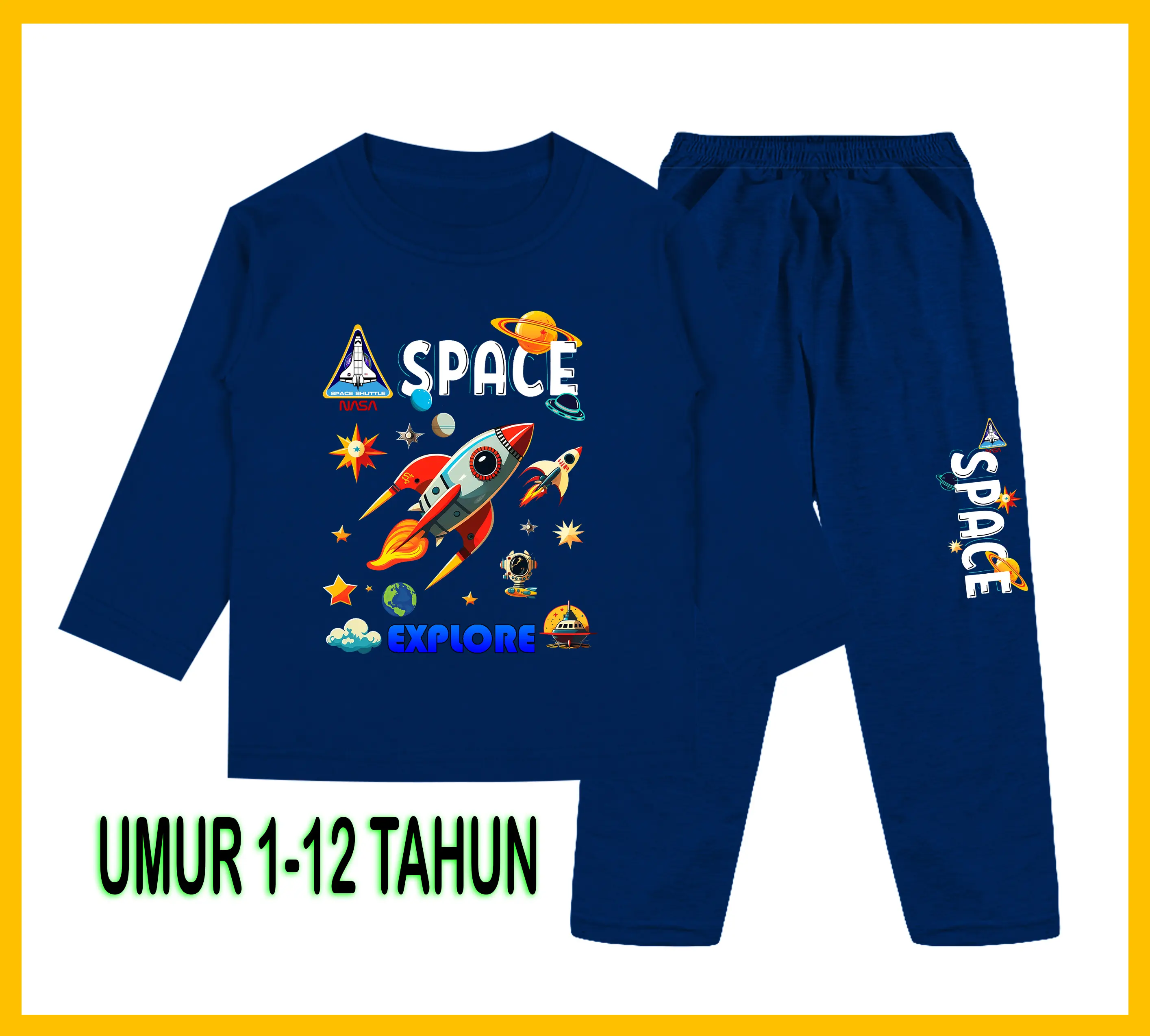Setelan Anak Model Roket Lengan Panjang dengan Sablon Berkualitas - Baju Anak Fashion - Celana