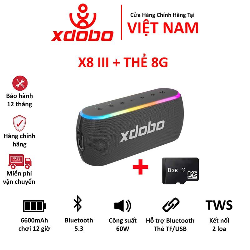 TẶNG THẺ 8G Loa Bluetooth XDOBO X8 III Công Suất 60W Bass Trầm Lời Sáng Hỗ Trợ TF USB AUX Pin 6600mAh Bluetooth 5.3 LED RGB Bảo Hành 12 Tháng