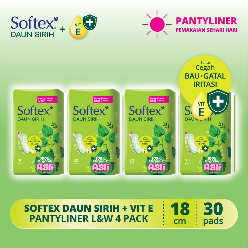 Pantyliner Softex Daun Sirih + Vitamin E Longer & Wider 30s x 4 Pack - Pantyliner Daun Sirih 0
