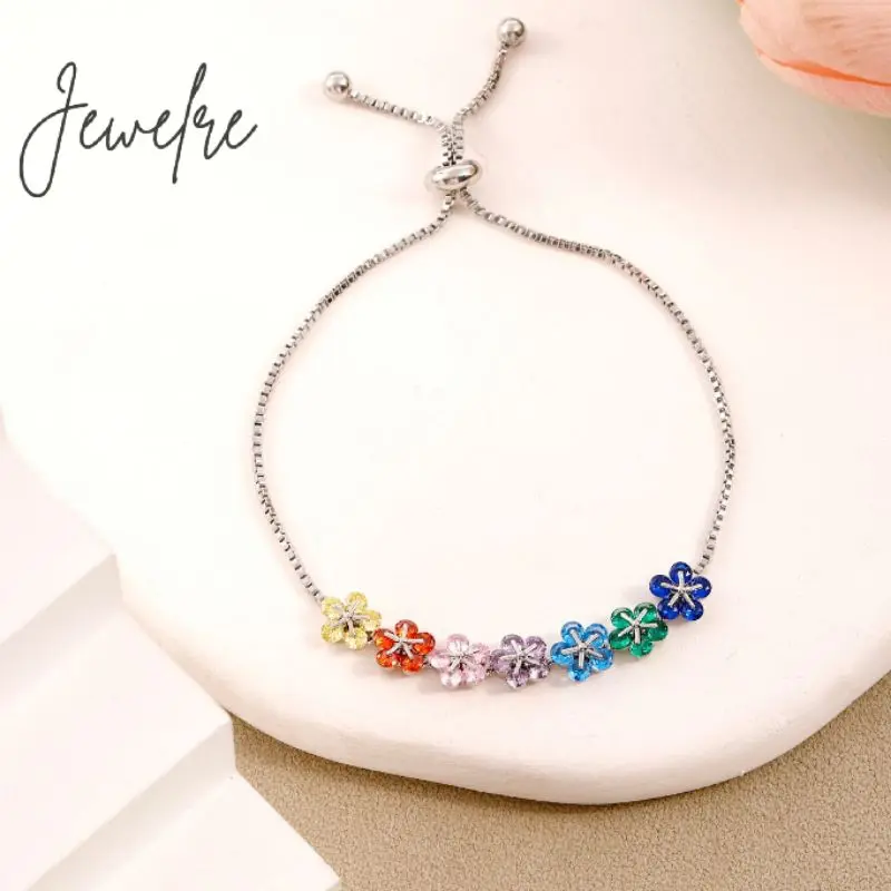 Gelang Serut Permata Warna Warni Bunga Daisy Seven Flower Jewelre Orange Biru Hijau