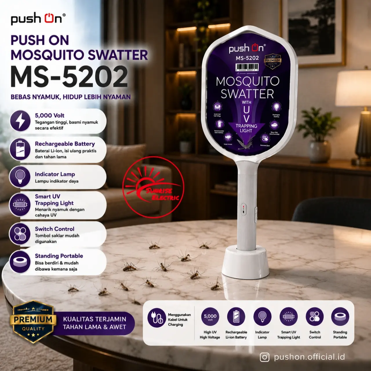 Push On Raket Nyamuk Lampu LED Baterai Bisa dicas Ulang MS-5202 ORIGINAL