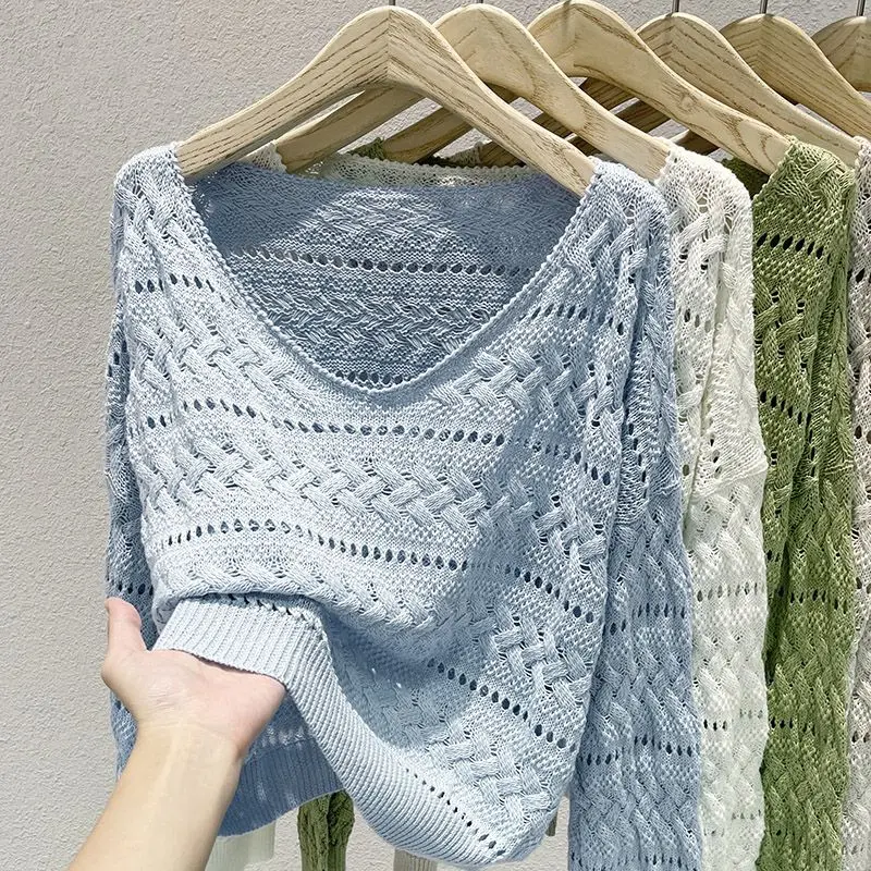 Fashion V-neck Knitwear Tops Women Spring Summer Loose V-neck Hollow Out Solid Color Long Sleeve Top Women Clothing New