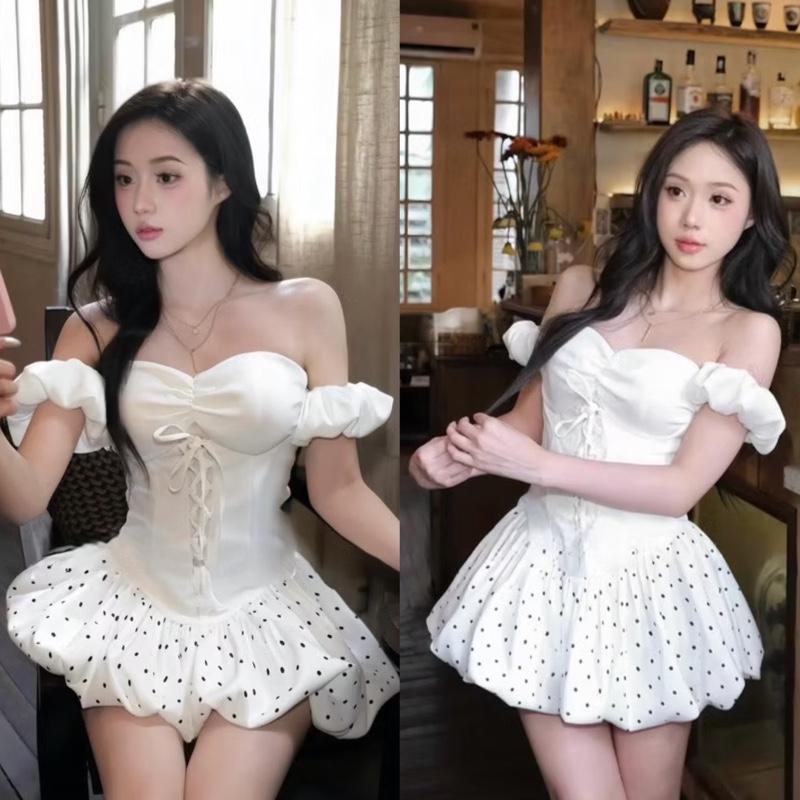 Đầm trễ vai form bí ngắn tùng chấm bi có mút đan KÈM QUẦN kho sỉ hải chuyền Đ811