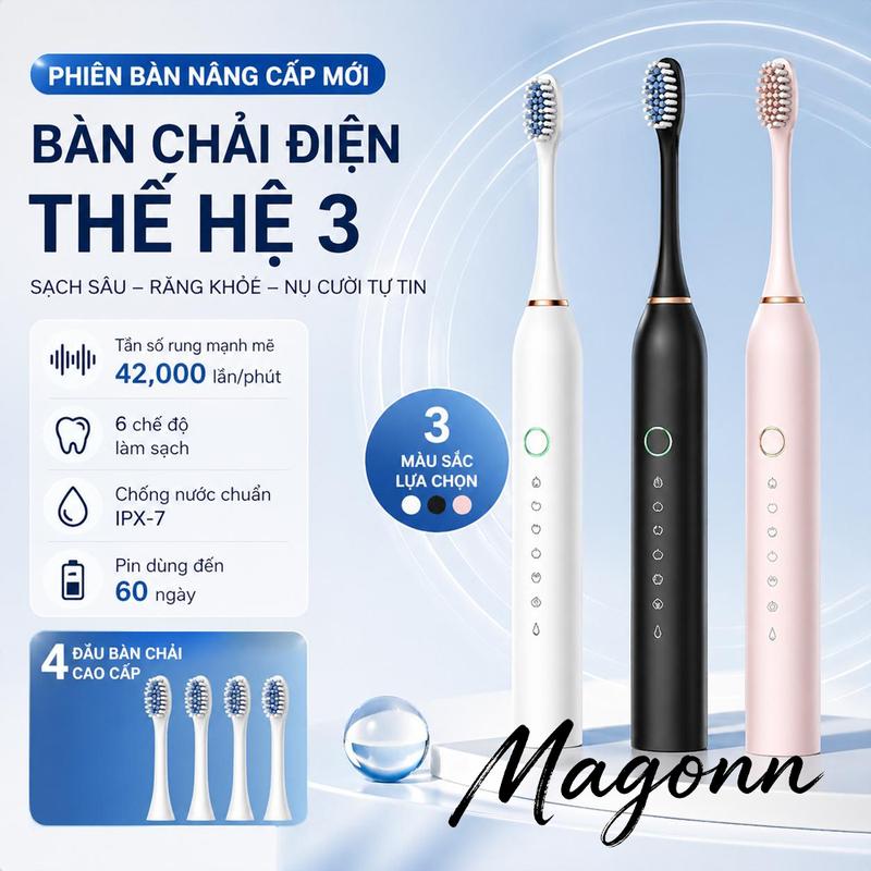 Magonn Bàn chải đánh răng sóng siêu âm lông mềm chống nước gia đình dành cho người lớn cặp đôi nam nữ sạc điện nâng cấp mới