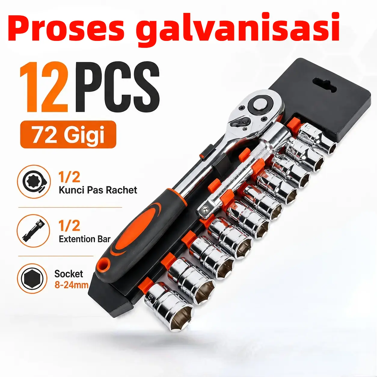 Set Kunci Sok 12pcs 1/2 Inch Drive Ratchet - Baja Chrome Vanadium 8-24mm Kuat & Awet - Cocok untuk Bengkel Mobil