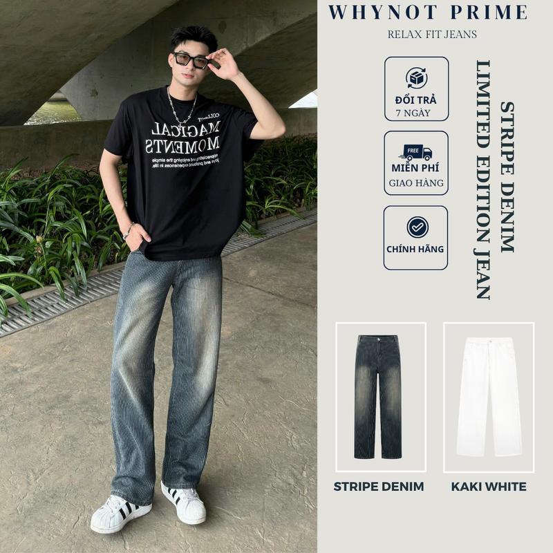   PHIÊN BẢN LIMITED  Quần Jean Ống Suông Rộng Stripe Denim WHY NOT PRIME - Quần Trắng Kaki Denim -  Limited Edition Line wash 