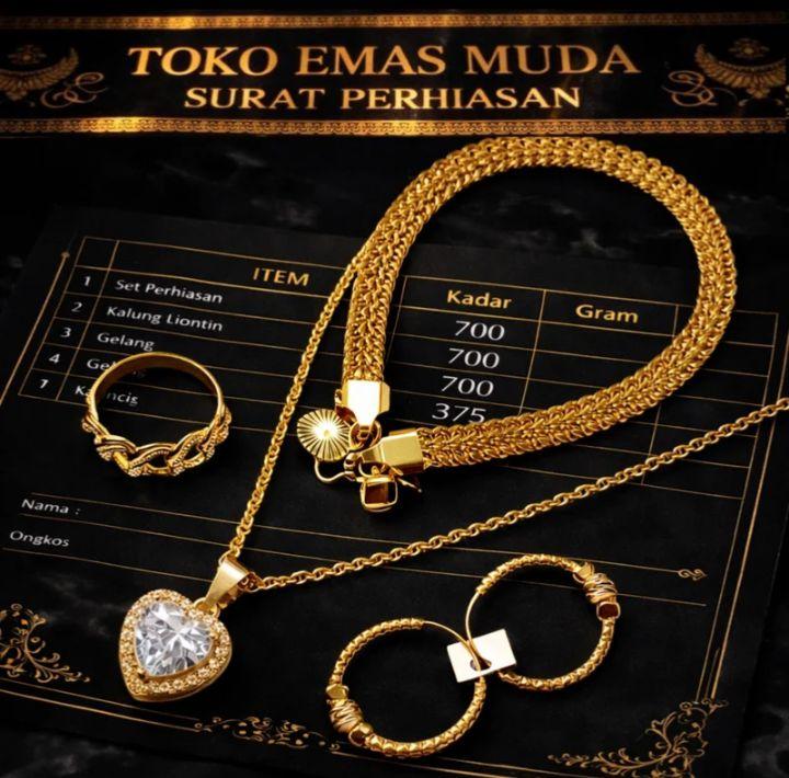 1 Set Perhiasan lengkap Motif Batu Permata Love Dengan Lapisan Emas Muda Asli Gratis Dompet Dan Surat Perhiasan Dari Toko