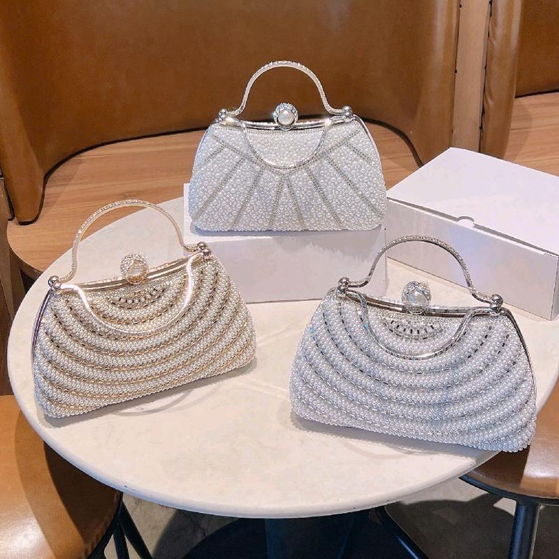 CÓ SẴN HCM Size 20cm Cốp Đi Tiệc Ngọc Trai Phối Lụa Mặt Sau Quai Kiềng Đôi Đính Đá Túi Xách Nữ Đeo Chéo Women Bag Clutch Cầm Tay HÀNG QC