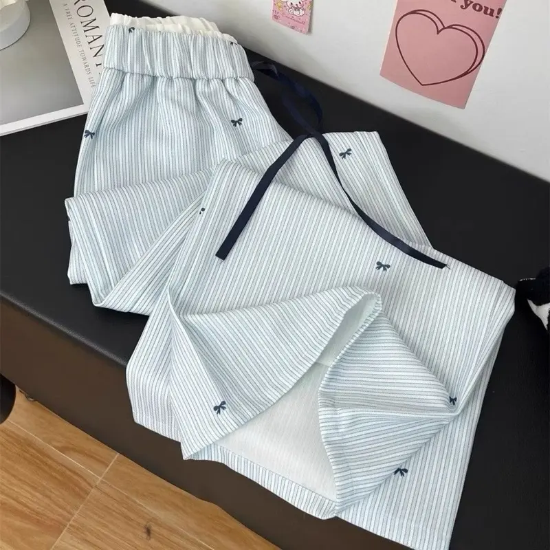 Quần Dài Nữ Mặc Mùa Hè Mát Lịm, Dáng Ống Rộng Kẻ Sọc Hoạ Tiết Nơ Xinh Xinh Đáng yêu
