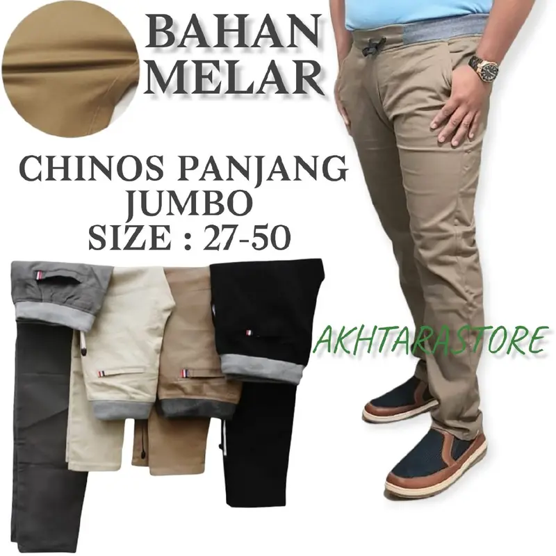 Celana Chinos Jumbo Pinggang Karet Panjang Pria Chino RIP Katun Melar Bahan Kain Chino Stretch Twil Diamond Celana Casual Dewasa 0