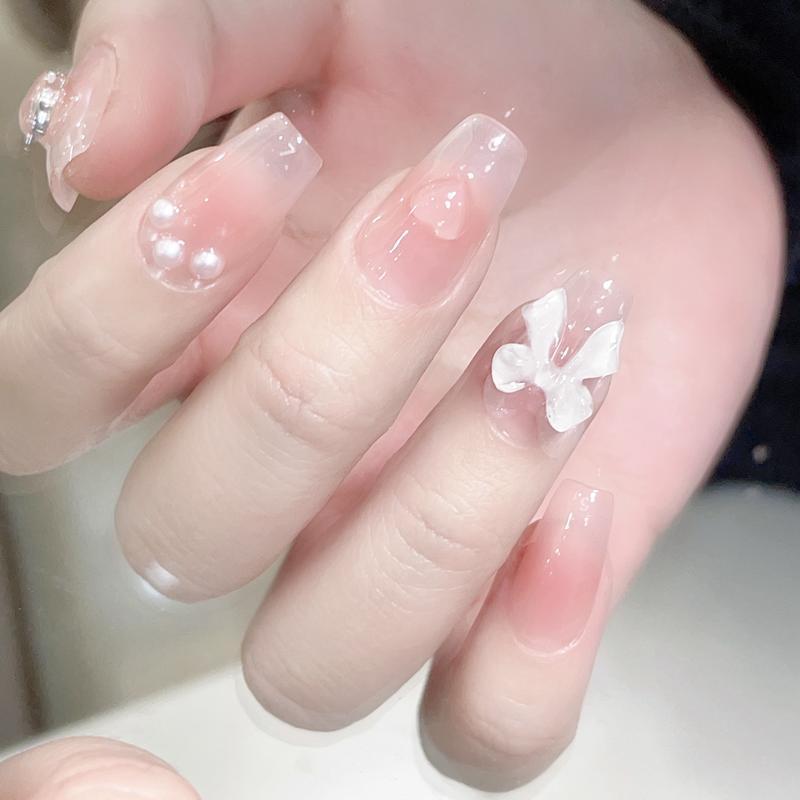 Product Introduction of Cute Pink Sweet Princess Removable Handmade Wear Nail Art Y2K Vitality Girl Short Fake Nails Blush Bow Patch Nail 2