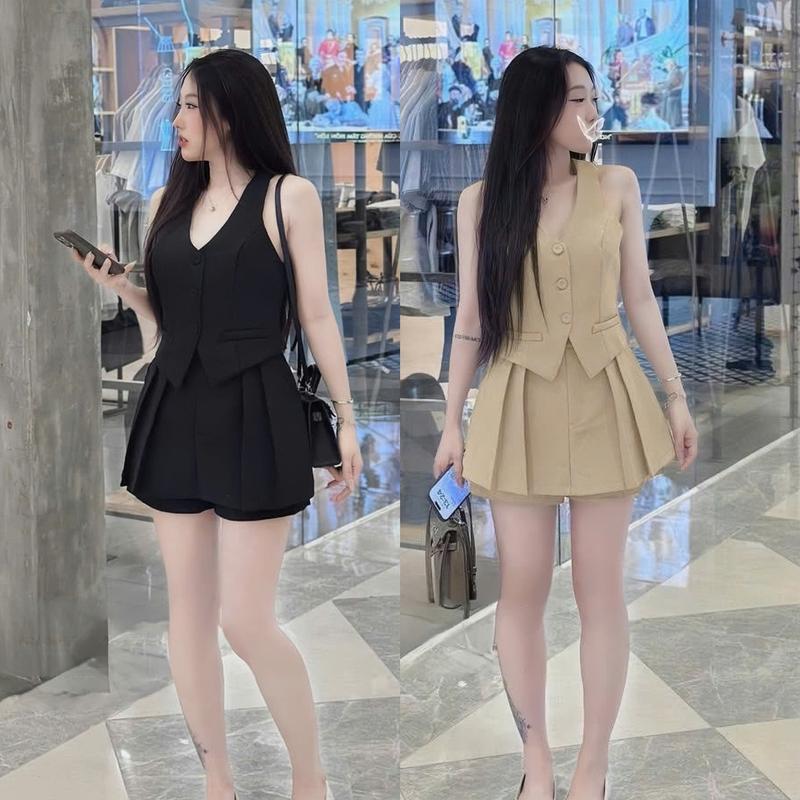 Set đồ nữ gile áo thiết kế cổ chữ V phối nút cài thật kèm chân váy xếp ly Có Lót sang chảnh dành cho các nàng diện đi chơi.