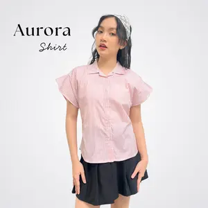 Neva Style - Aurora Shirt Kemeja Atasan Wanita / Baju Stripe Lengan Pendek Tali Pinggang Fashion Stripe / Top Korean Style Atasan Wanita Slim Fit Casual Look Variasi Kancing