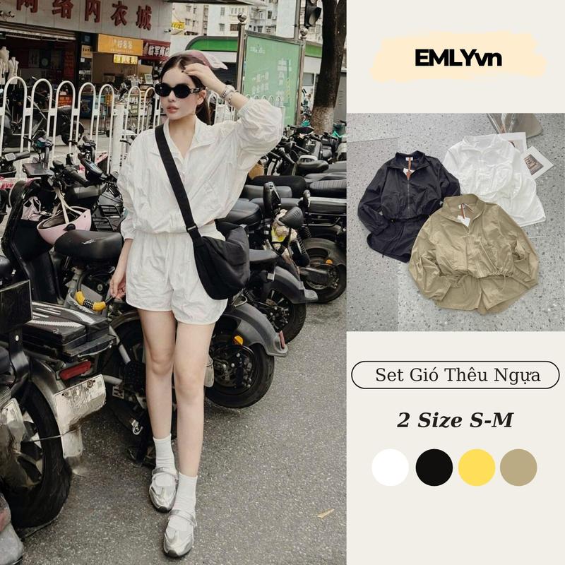 EMLYvn - Set Áo Khoác Gió Nhăn Nữ Kèm Quần Short Thêu Ngựa, Bộ Đồ Nữ Khóa Kéo Thể Thao Form Rộng Cá Tính
