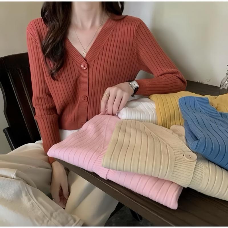 Áo khoác cadigan dáng ngắn chất len dệt kim dài tay chất len gân phong cách Ulzzang trẻ trung