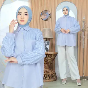Laila Kemeja Garis Salur Wanita Muslim Lengan Panjang 813 - Bahan Katun Linen Import | Busui dan Wudhu Friendly, Kancing Depan Bahan Mewah Nyaman Lembut, Formal Kantor Kasual
