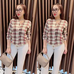 Grosir Natalia | Blouse kancing Motif Kotak Besar Bahan Rayon