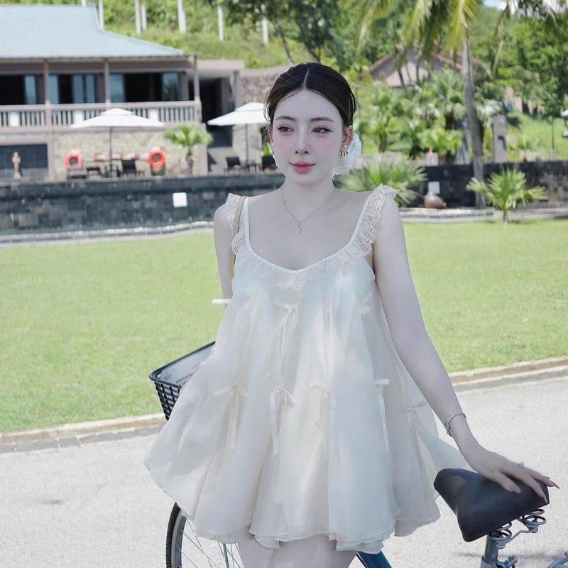 Có quần bảo hộ Đầm nữ tơ voan dáng ngắn xinh xắn Váy babydoll đính nơ phong cách tiểu thư nhẹ nhàng