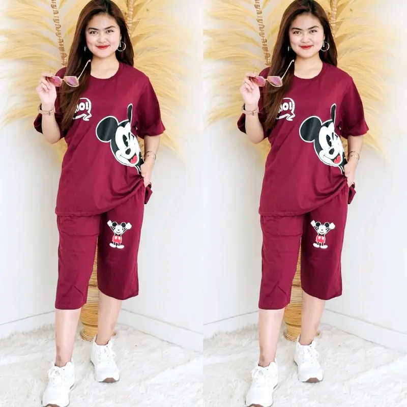 Setelan Wanita Jumbo Lengan Pendek Celana 7/8 Atasan Celana Bahan Katun Kombed 30s One Set Oversize All Size Wanita Setcel Dewasa Remaja Katun Lembut Nyaman Combed Baju Motif 1