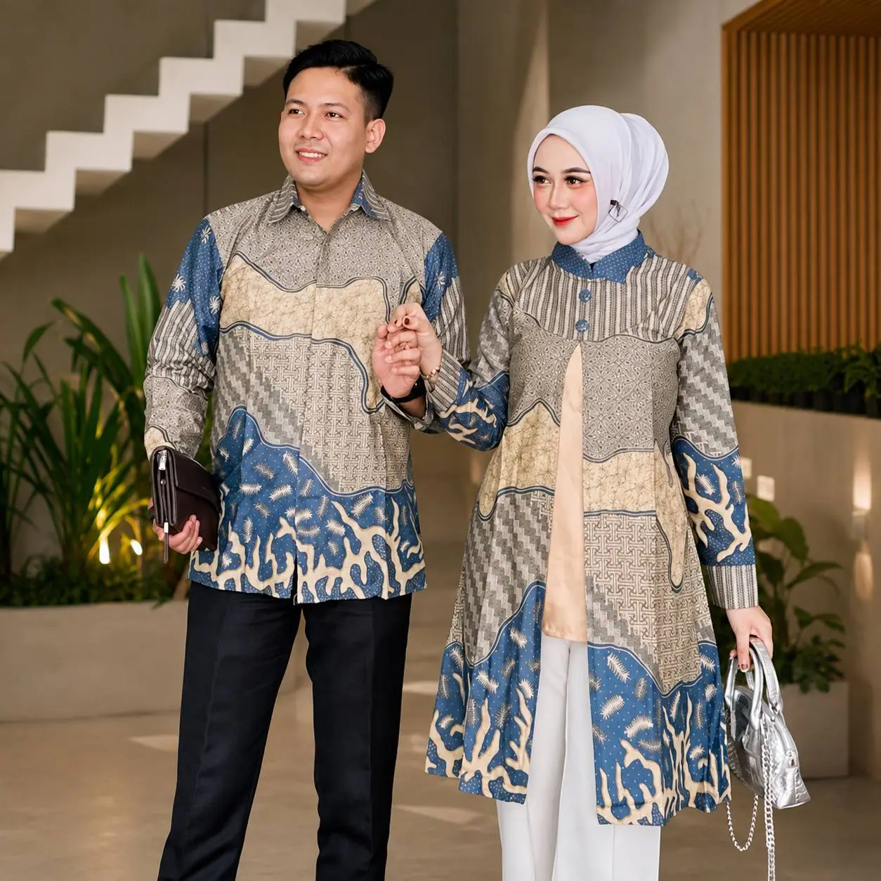 Roman Batik Baju Batik Couple Kemeja Dan Tunik Bolero Motif Inara Series Pria Wanita Dewasa Sragam Kancing  Size M L XL XXL JUMBO