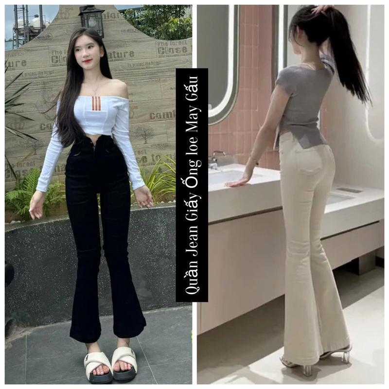 [Full Size 35-70kg] Quần Ống Loe Đen Trơn May Gấu. Quần jeans Giấy Loe Cạp cao, co giãn 4 chiều