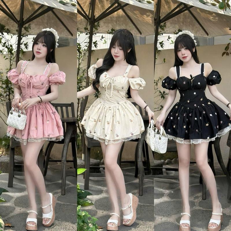 Đầm váy nữ đũi hoa mặc 2 kiểu tay ngắn bồng phối dây thoắt nơ dáng xòe Có Mút,Có Lót Quần sang chảnh dành cho các nàng diện đi chơi đi tiệc