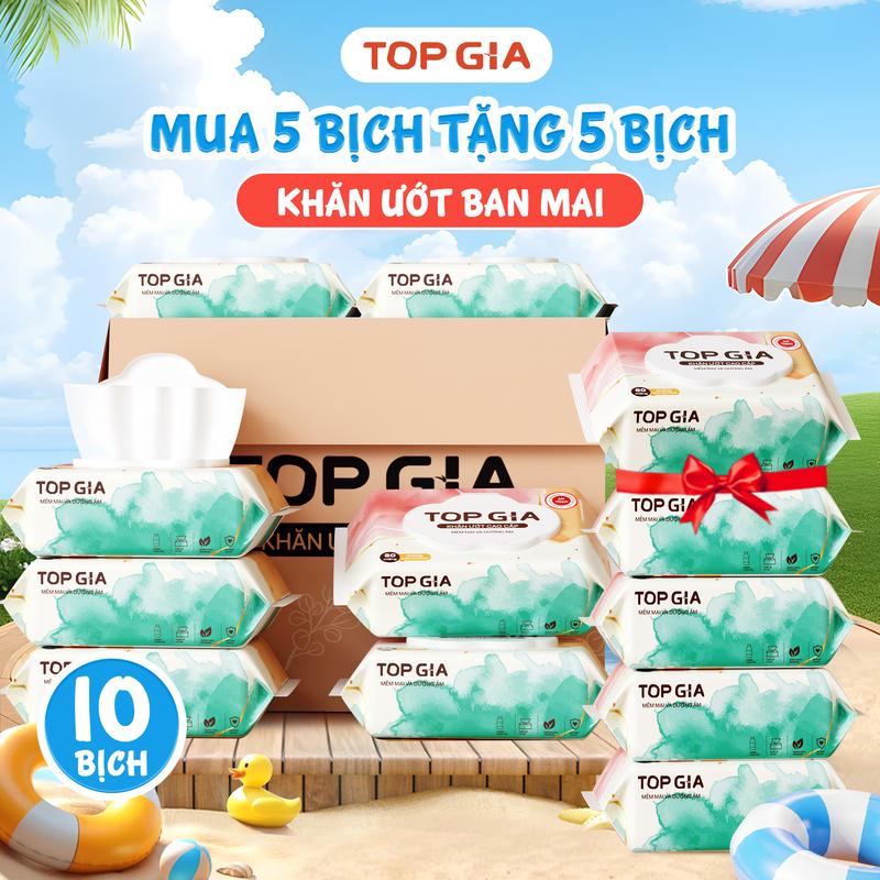 [DEAL MUA 5 TẶNG 5) Thùng 10 bịch 80 tờ Khăn ướt cao cấp TOPGIA  kích thước 14x18cm mềm mại, Khăn giấy ướt không mùi, an toàn  mọi làn da cho mẹ và Bé giấy ăn khăn lau (KU)