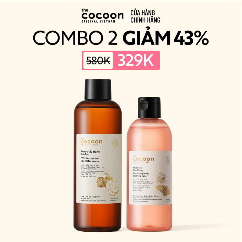  COMBO 1 Bigsize - Nước sen Hậu Giang  toner  Cocoon giúp phục hồi đa nhiệm cho da rất nhạy cảm 310ml + 1 Bigsize Nước tẩy trang bí đao 500ml 