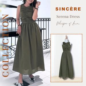 Đầm linen nhún eo nữ Đầm Linen cao cấp 2 lớp che khuyết điểm bụng, mềm mại thoáng mát đi chơi dạo phố