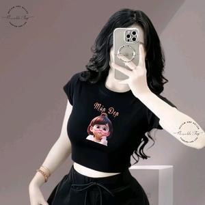 Áo Thun Croptop Basic Form Ôm Body Nữ Cổ Tròn Tay Ngắn In Hình "Mập Đẹp Style Cô Nàng Loli", Kích Cở S M L, Women Sò Sen Hoa Sen Dáng Ngắn Thun