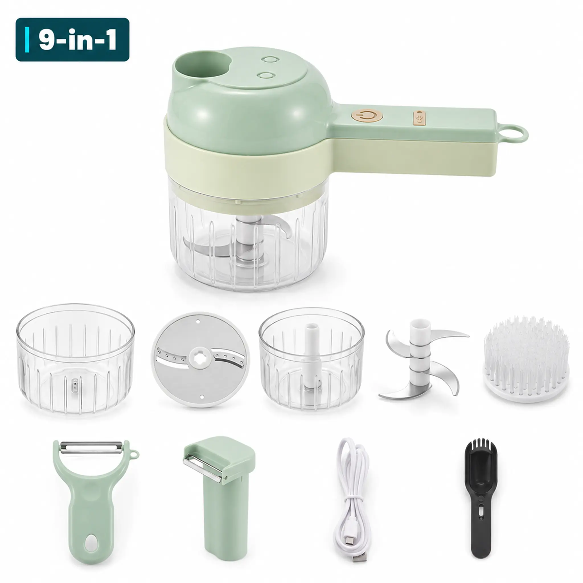 Pemotong Sayur Elektrik Otomatis 9-in-1 Multifungsi, Alat Dapur Pengiris Sayuran dan Buah, Pencincang Bawang, Pengupas serta Pembersih untuk Persiapan Makanan