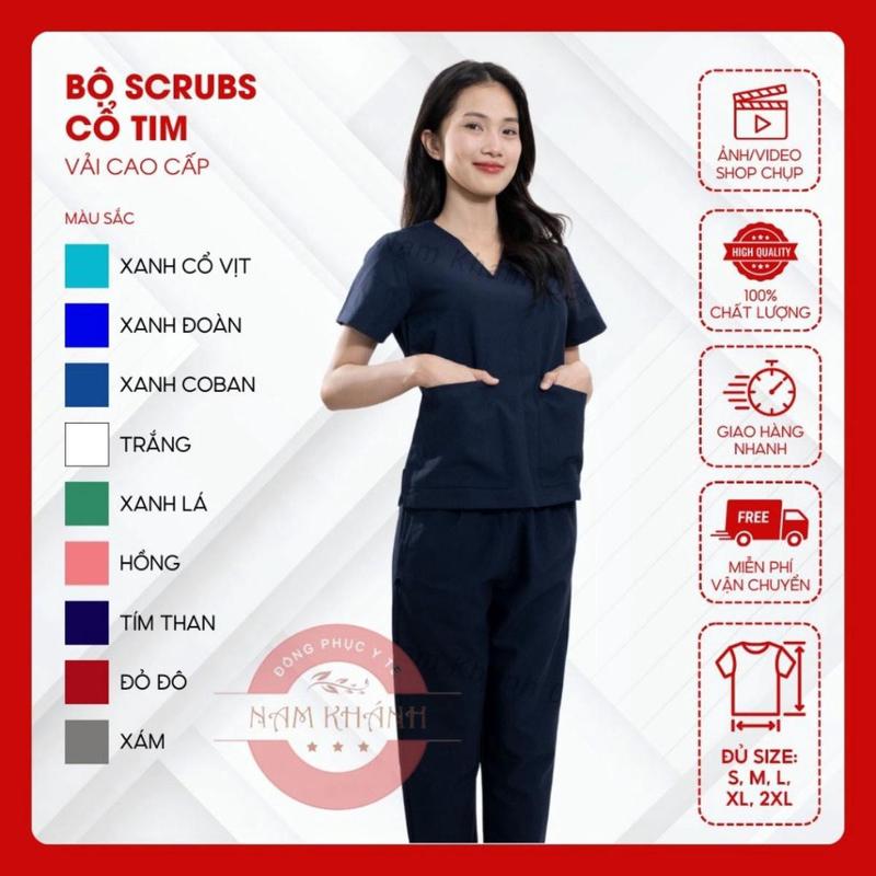 Bộ scrubs bác sĩ cổ tim - bộ blue đồng phục kỹ thuật viên, điều dưỡng, hộ lý,…