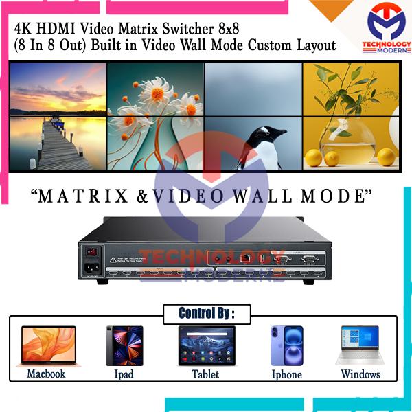 4K HDMI Matrix Switcher 8x8 (8 Input 8 Output) with Video Wall Mode 2x4 4x2 - Support WEB Control Black