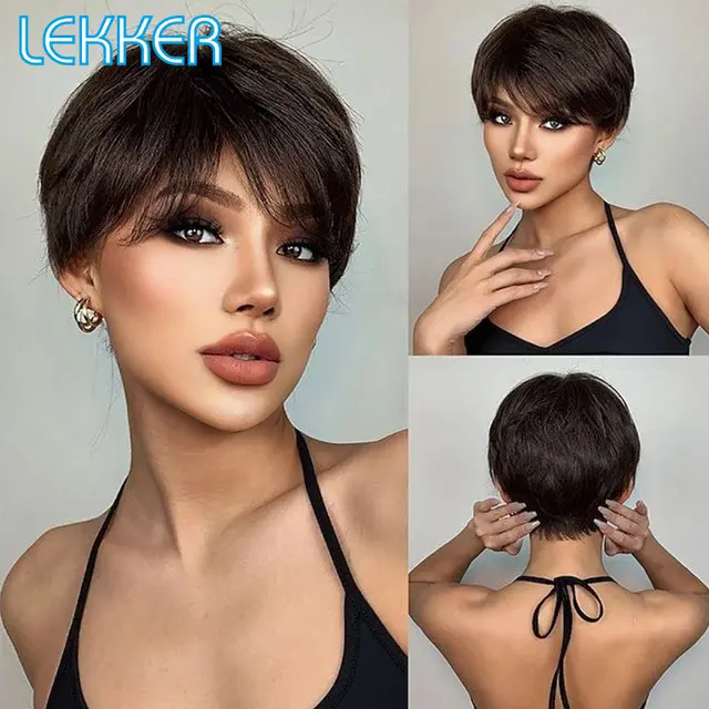 Tóc Giả Bằng Tóc Người Thật, Lekker, Mặc Và Đi, Tóc Vàng Vàng Thẳng Ngắn, Kiểu Cắt Pixie Bob, Có Mái, Dành Cho Nữ, Tóc Remy Brazil, Dễ Đội 6