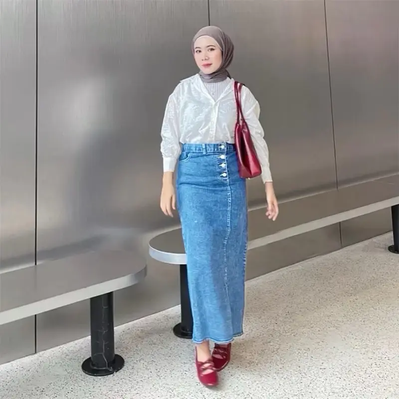 Rok Jeans Panjang Rebecca Highwaist untuk Wanita - Celana Dewasa Kancing 3