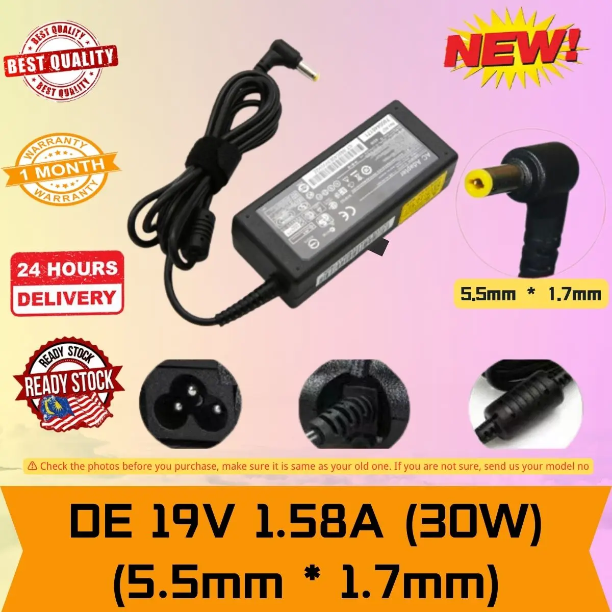 Replacement DE 19V 1.58A (30W) (5.5mm*1.7mm) For Inspiron Mini: 9 10 10v 11 12 910 1010 1011 1012 1018 PP19S PP39S PP40S WA-30A19U,WA-30A19C,PA-1300-04,ADP-30TH Series Adapter Charger